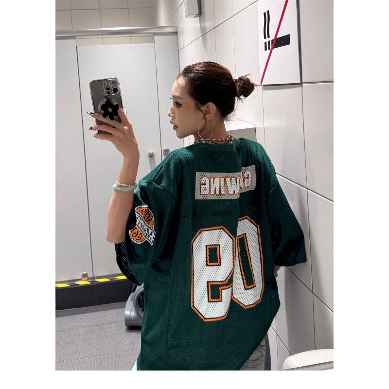 【Guangzhou Original Bird-Eye Mesh Fabric】American-Style Short-Sleeve Printed Jersey, Loose-Fitting Sports Retro Mesh with Hollow Design 【Guangzhou Original Bird-Eye Mesh Fabric】American-Style Short-Sleeve Printed Jersey, Loose-Fitting Sports Retro Mesh with Hollow Design