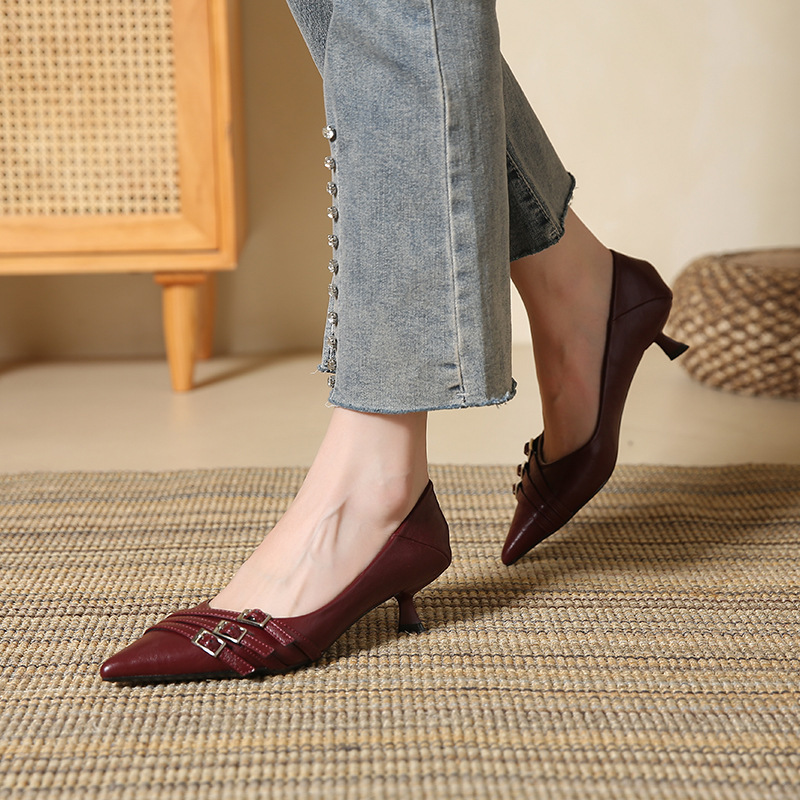 Belt Buckle Kitten Heel High Heels 2026 Spring New Korean Style Shallow Slip-On Soft Leather Comfortable Fashion Shoes