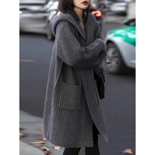 Thin-looking coat, autumn large size, single-breasted cardigan, new medium and long hooded knitted sweater, Korean style