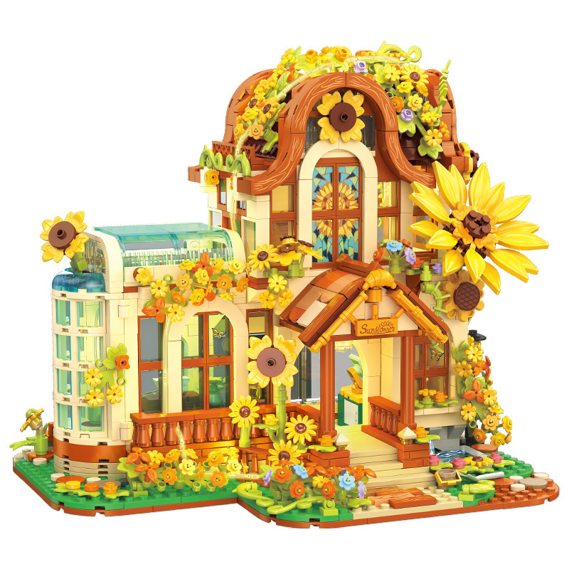 JJ9204 bloques de construcción de la calle de la ciudad flores sol girasol con iluminación edificio de ensamblaje juguetes adornos