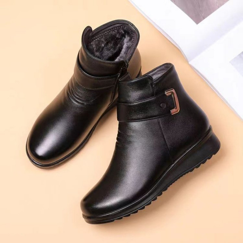 Mom's Shoes Winter Cotton Shoes Fleece Flat Non-slip Warm Elderly Short Boots Middle-aged Women's Shoes Leather Shoes Winter Shoes
