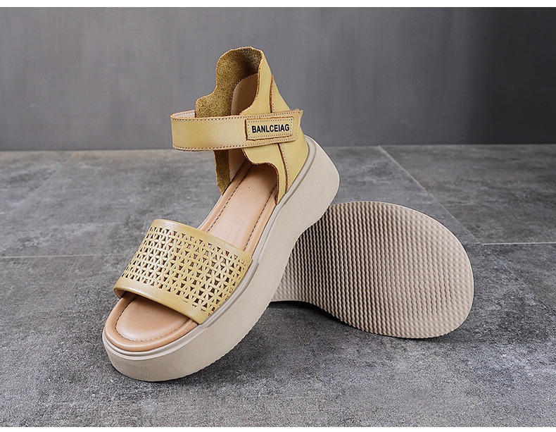 Dép sandal nữ quai chữ V da bò thật, đế mềm Velcro — màu xanh lá cây chi tiết 11