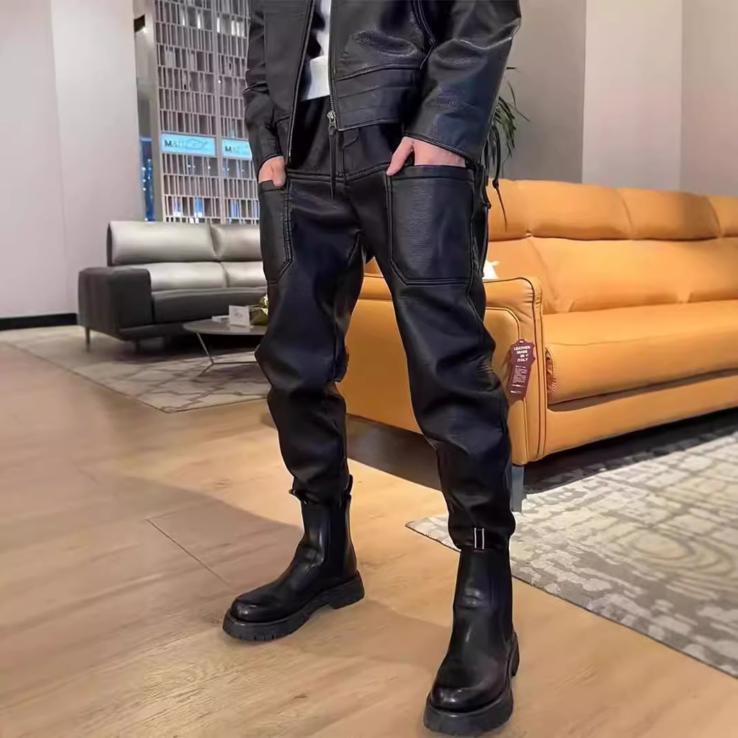 冬季新款男士休闲裤子防风弹力机车皮裤男保暖运动宽松束脚长裤子
