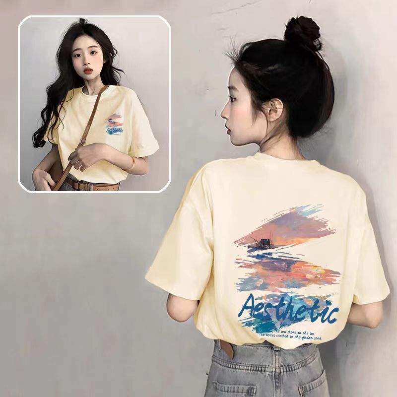 ピュアコットンブラックラウンドネック半袖レディースTシャツ2025新しいホットスタイル夏ルーズアメリカンプリントトップTシャツトレンディ|undefined