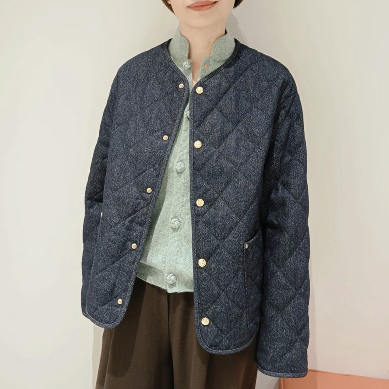 Spot Lightweight Thin Imitation Denim Quilted Cotton Jacket Women's Winter New Collarless Cotton Coat E1698