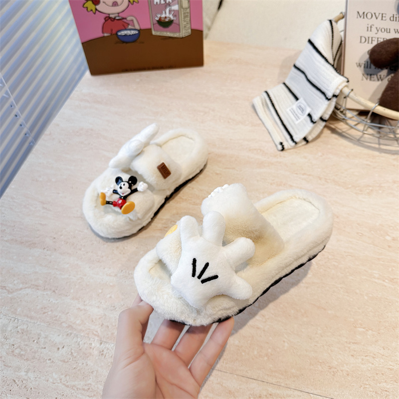 Children's Cute Cartoon Mickey Furry Shoes for Boys and Girls 2025 Autumn and Winter New Warm and Plaid One-Line Cotton Slippers