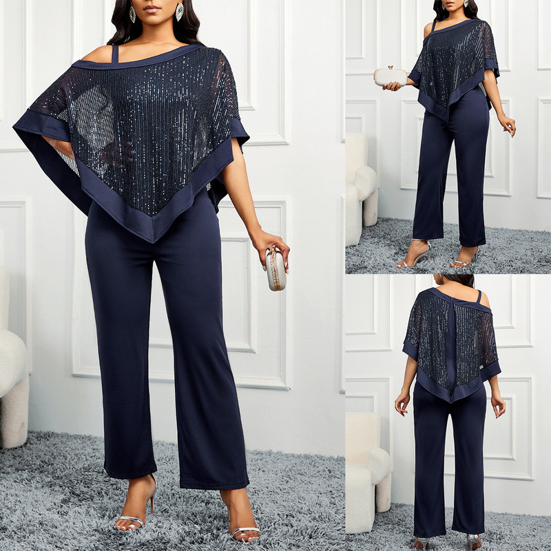 New Solid Color Shawl Sleeve European and American Sequin Spring and Summer Sling Elegant Slim-fit Women's Jumpsuit New Solid Color Shawl Sleeve European and American Sequin Spring and Summer Sling Elegant Slim-fit Women's Jumpsuit