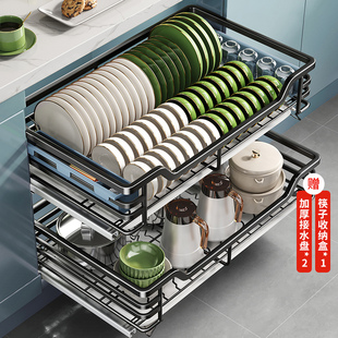 Pull Basket Kitchen Cabinet Double Drawer Bowl Basket 304 Stainless Steel Dishware Bowl Cabinet Spice Bowl Rack