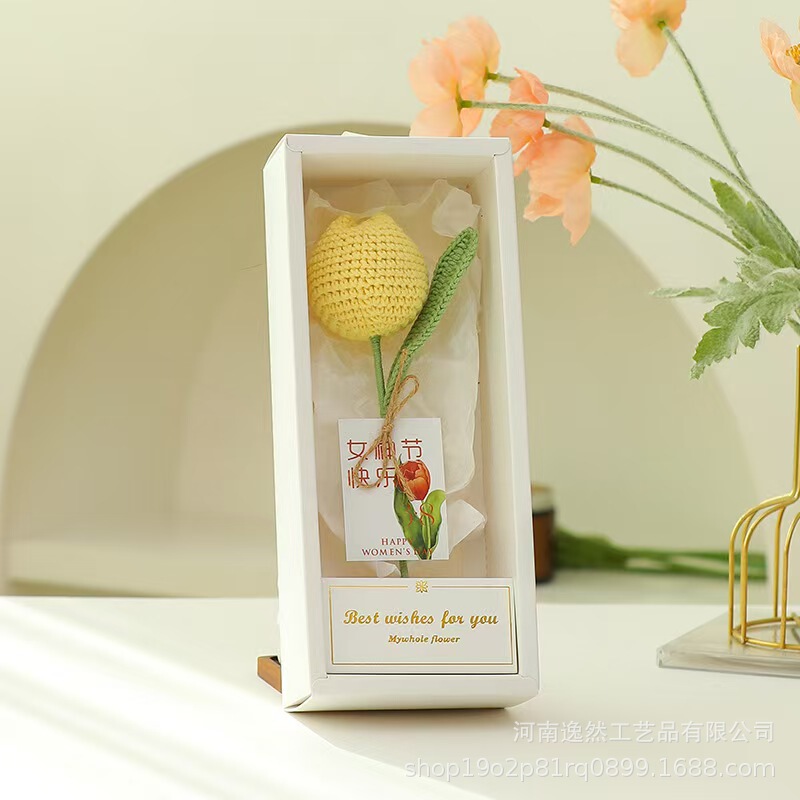 高級ギフトボックス入り毛糸の花完成品、ひまわり、バラ、チューリップ、手編みの花、造花、越境販売|undefined