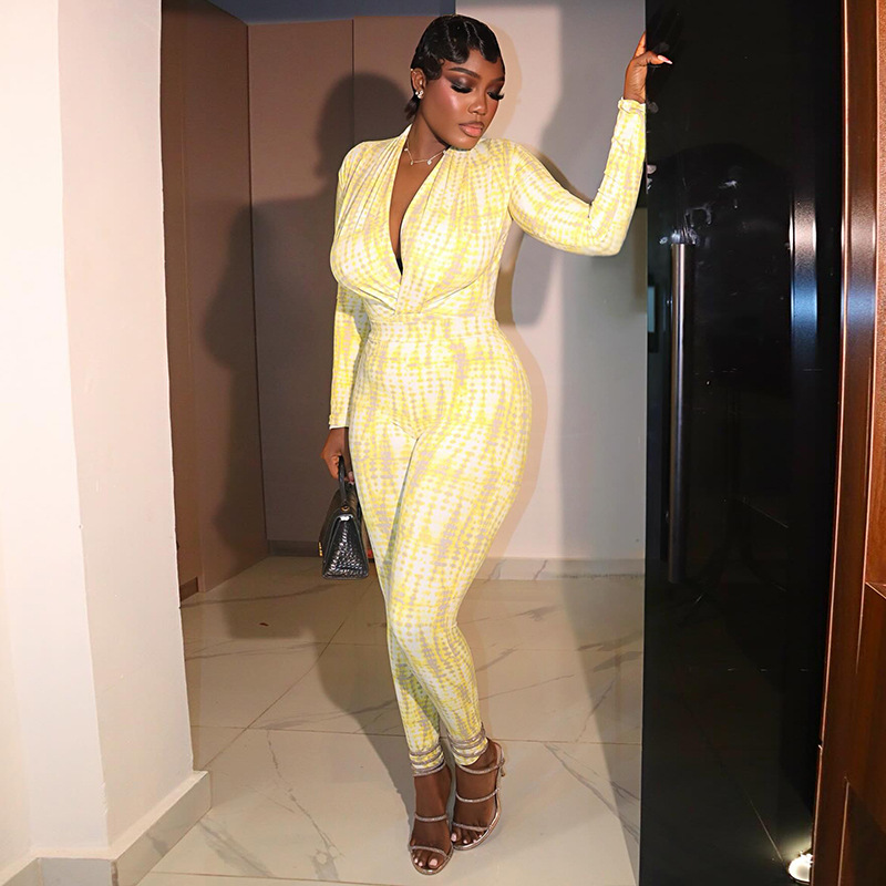 European and American Style Ins Cross-Border Women's Slim-Fit Printed Pleated Long-Sleeve Jumpsuit V-Neck Versatile Color-Blocking Jumpsuit for Going Out