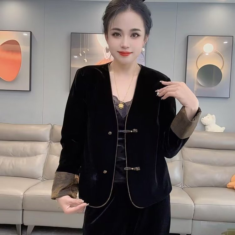 一件代发2025秋季新款时尚新中式国风洋气拼色丝绒气质女装外套|undefined
