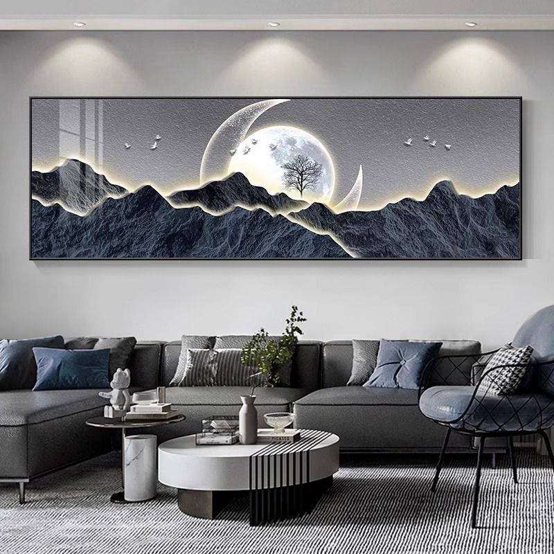 流水生財客間装飾画新中国式ソファー背景壁掛け画迎客松禅意茶室山水壁画|undefined
