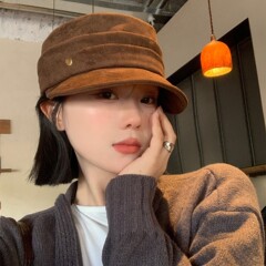 麂皮绒咖色平顶贝雷帽女秋冬显脸小马术帽大头围复古休闲报童帽子