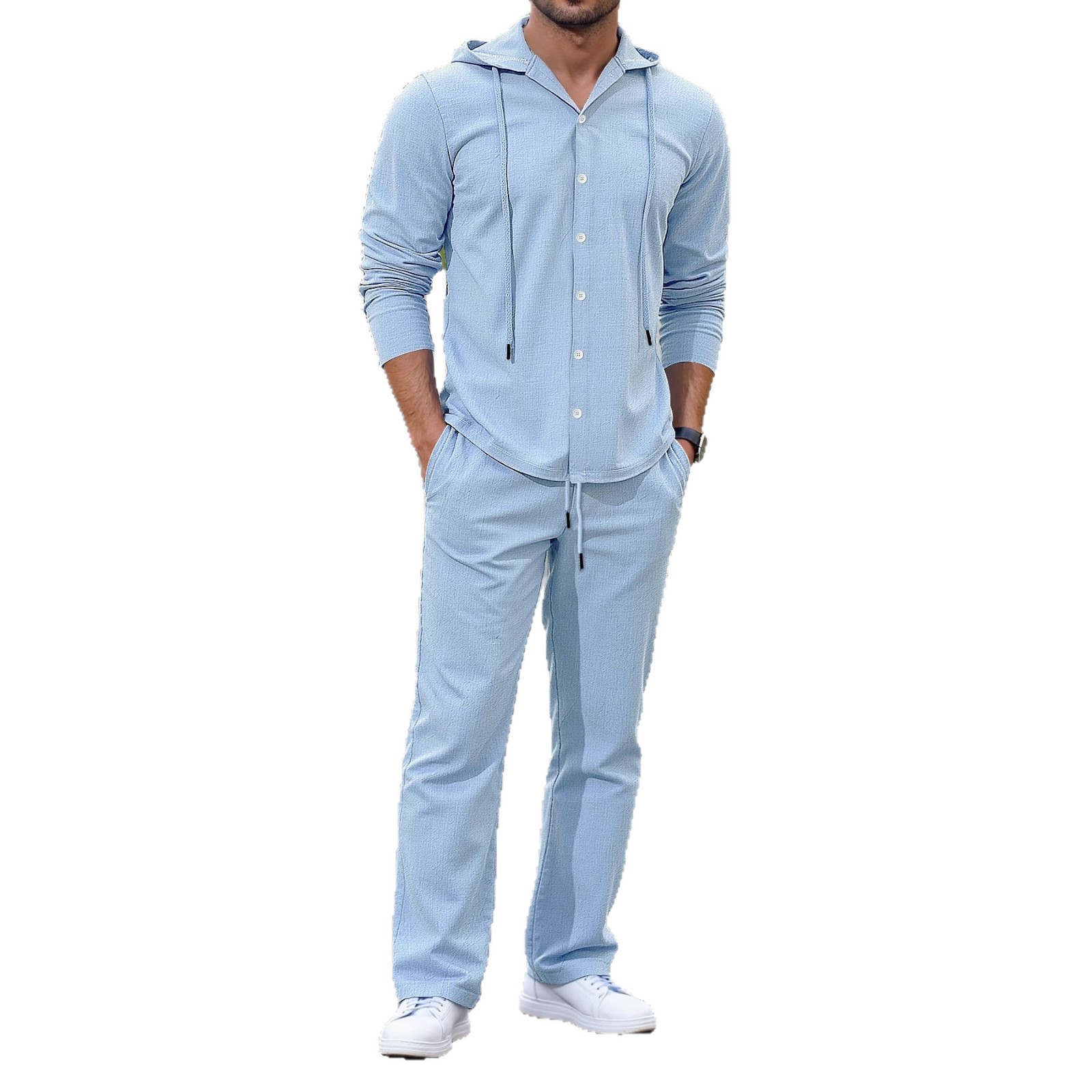 Men's Linen Hooded Shirt & Pants Set - Relaxed Fit Casual Outfit For Spring & Autumn (Beige/Gray, S-XXL) | Breathable Natural Fiber Lounge Wear_voghion.com