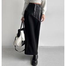 韩国重工pu皮拼半身裙女2024秋冬新款高腰显瘦中长款直筒包臀裙子