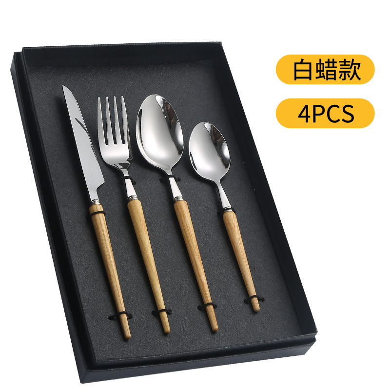 304 mango de madera de acero inoxidable cuchillo y tenedor portugués cuchara de postre cuchara de postre tenedor de cubierta de comida occidental cuchillo y tenedor de filete set cuchara
