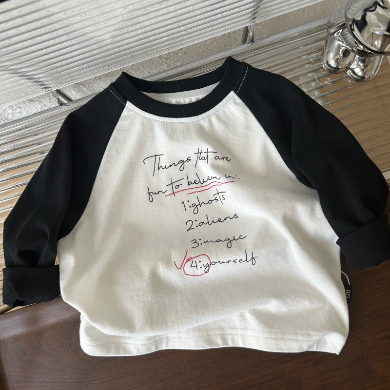 纯棉男女儿童t恤长袖2026新款字母拼色百搭中小童装打底上衣春秋