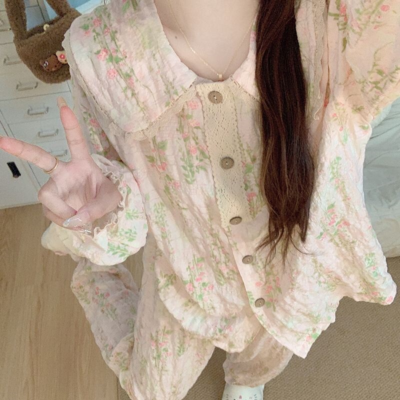 2026 Manufacturer's Lace Doll Collar Floral Pajamas for Women, Summer Bubble Pattern Long-Sleeve Long-Pants Student Set Loungewear