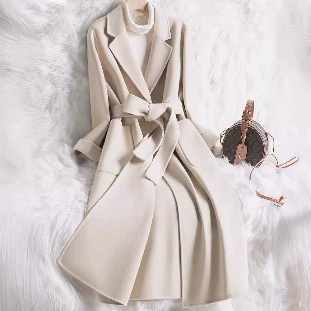 Двустороннее кашемировое пальто, Женское пальто средней длины, женское осенне-зимнее 2023, новое кремово-белое элегантное приталенное шерстяное пальто для женщин