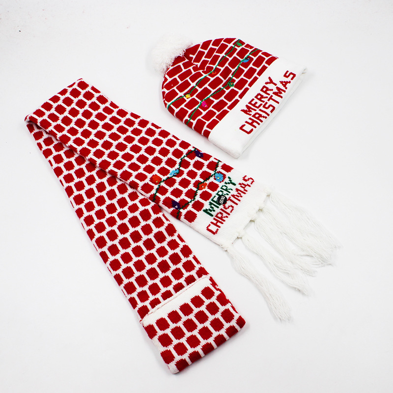 Fabricante transfronterizo de gorros navideños europeos y americanos tejidos en jacquard, gorros navideños de lana con luces LED, gorros navideños con pompón y bufandas. image 64