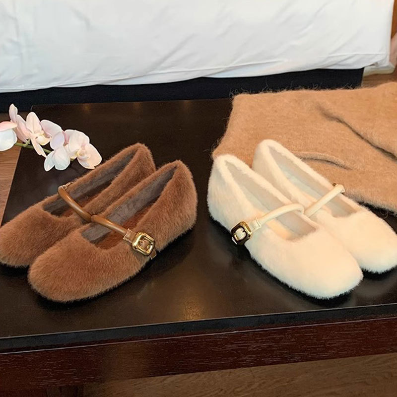 Grape Mom El mismo estilo de ballet con un cinturón para aumentar los zapatos peludos Mary Jane zapatos individuales mujer otoño e invierno nuevo estilo