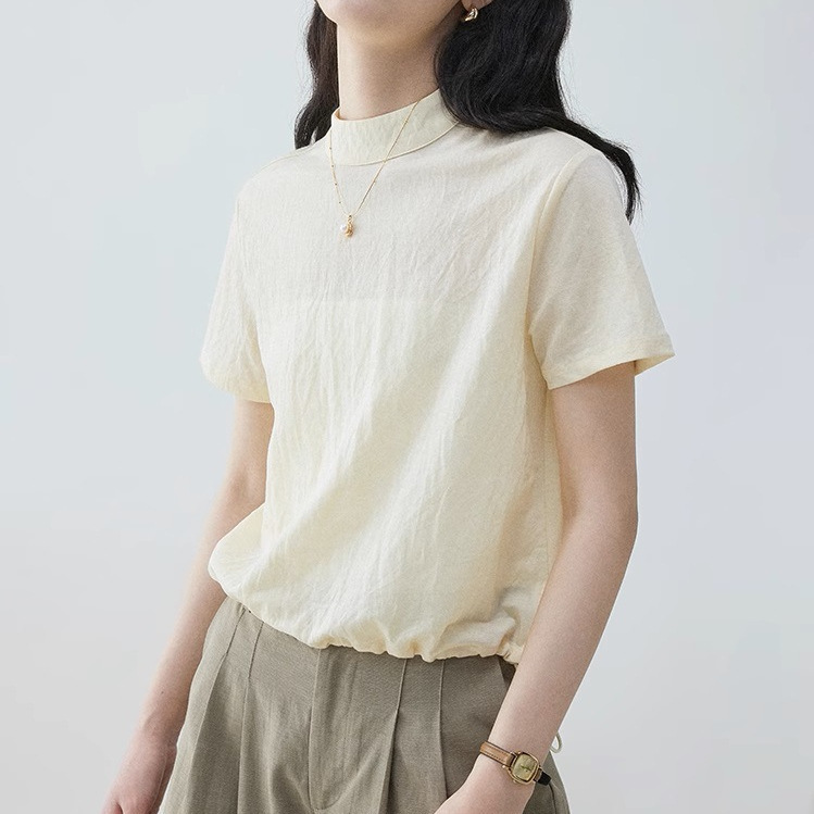 "Wasabi Pie Vooe" Small Stand-Up Collar, Light and Breathable Textured Shirt for Women, Summer Short Hem Drawstring Top
