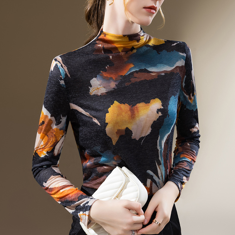 Camisa de fondo de cuello alto para mujer 2023 nueva camiseta de manga larga impresa Vintage para mujer temperamento Cintura interior superior ajustada image 4