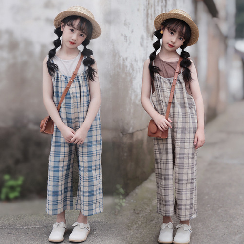 One piece drop shipping girls suit Korean summer dress 2024 new thin soft plaid overalls fashionable vest trend