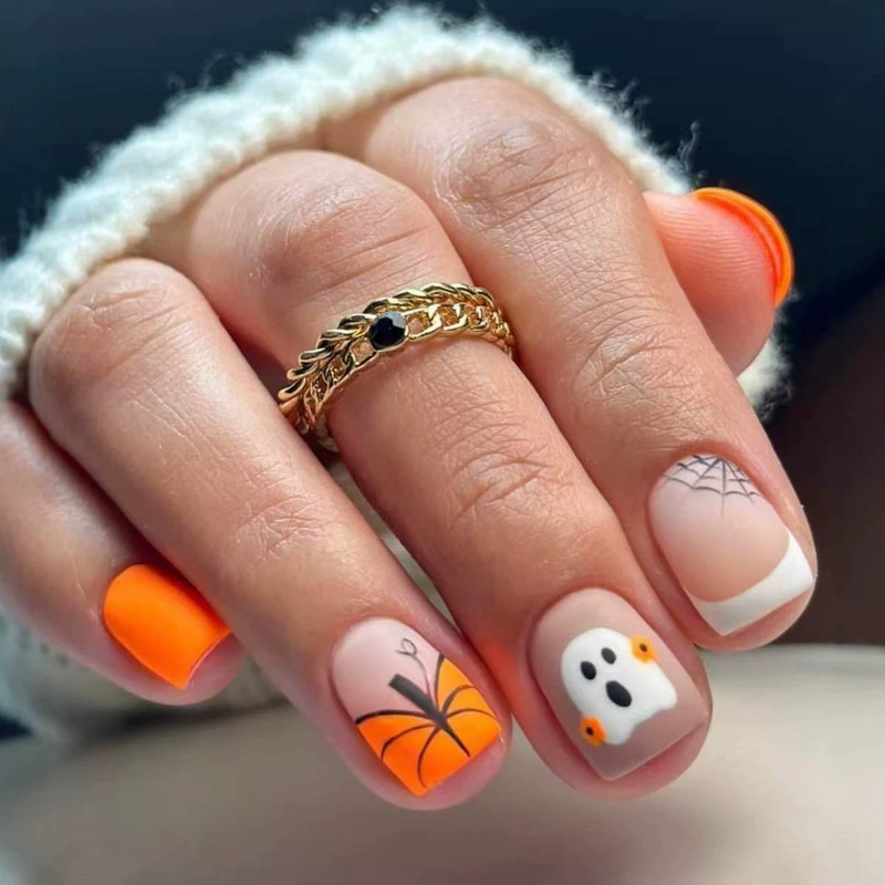 New Halloween French Pumpkin Cute Ghost Nail Tips - Orange Contrast Short Square Removable False Nails, 24 Pieces New Halloween French Pumpkin Cute Ghost Nail Tips - Orange Contrast Short Square Removable False Nails, 24 Pieces