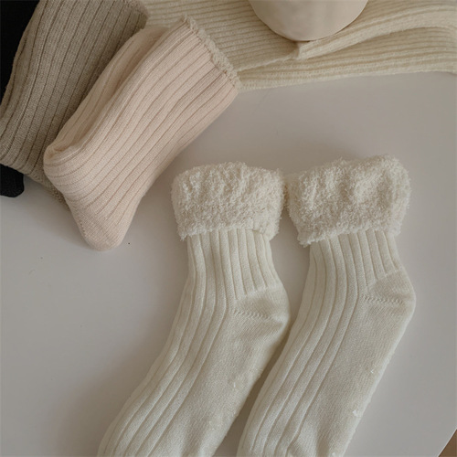Autumn and winter solid color coral velvet double-needle cream home loose mouth confinement socks anti-slip thickened sleep floor socks