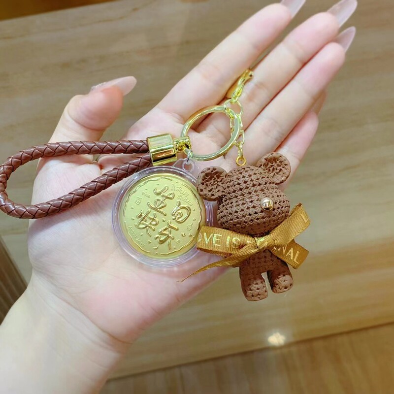 足金999黄金520小饼熊公仔钥匙扣挂件可爱情侣包包挂饰汽车钥匙链|undefined