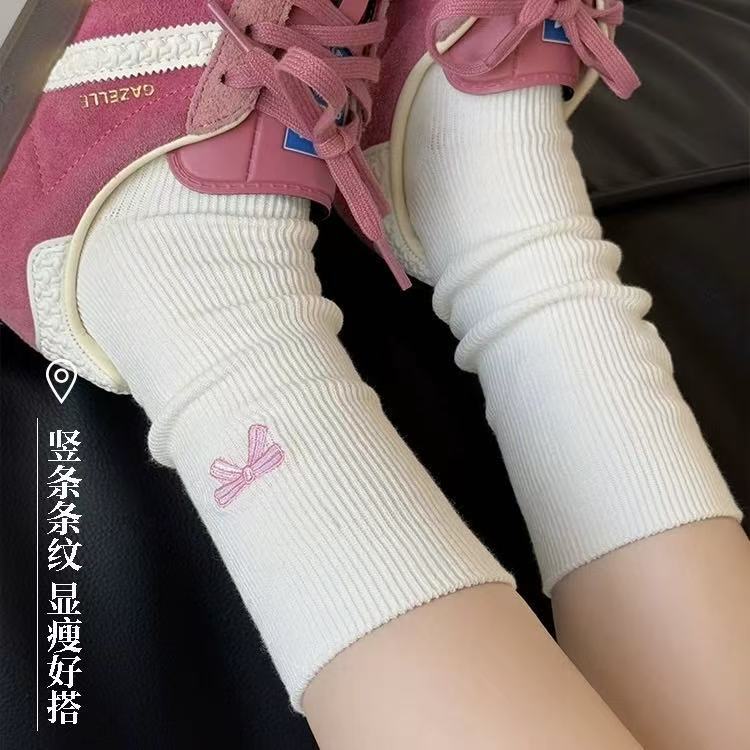 刺绣蝴蝶结袜子女中筒袜韩国ins风网红款双针棉质日系春夏堆堆袜|undefined