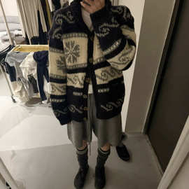 韩国Nam*e同款2025秋冬拼色雪花韩系东大门提花翻领针织毛衣外套