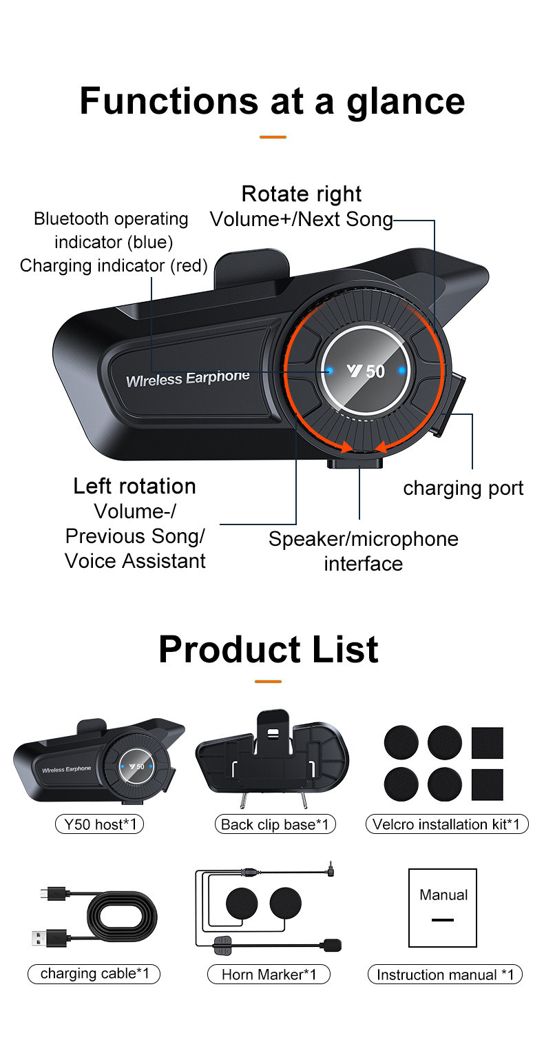Cross-Border New Y50 Helmet Bluetooth Headset 1800Mah Long-Lasting Battery Life Intelligent Noise Reduction Waterproof Motorcycle Dedicated