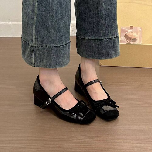 Korean Style Rough Heel Bowknot One Strap Mary Jane Shoes for Women, Soft Leather, Pair with Skirts, Small Feet Casual Low Mouth Single Shoes