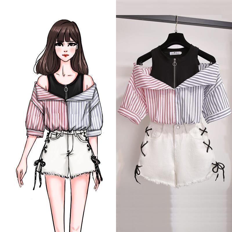 2021 summer all-match net red stitching striped short-sleeved shirt fake two-piece off-the-shoulder top women's jeans two-piece set