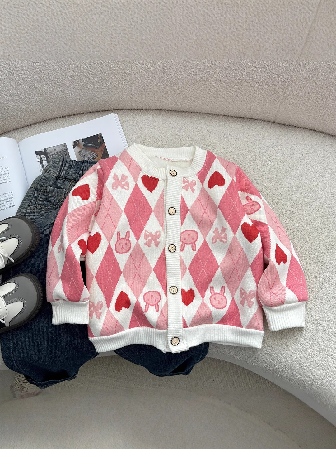 Ropa para niños, chaqueta de punto para niños, bebé de punto, otoño e invierno más chaqueta de terciopelo, niños y niñas, cuello redondo, estilo delgado de moda, todo fósforo