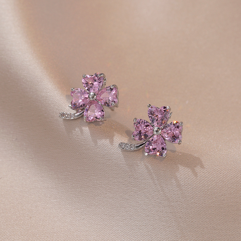 Women'S Gender Casual Simple Style Four Leaf Clover Heart Shape Titanium Steel Inlay Zircon Earrings Necklace
