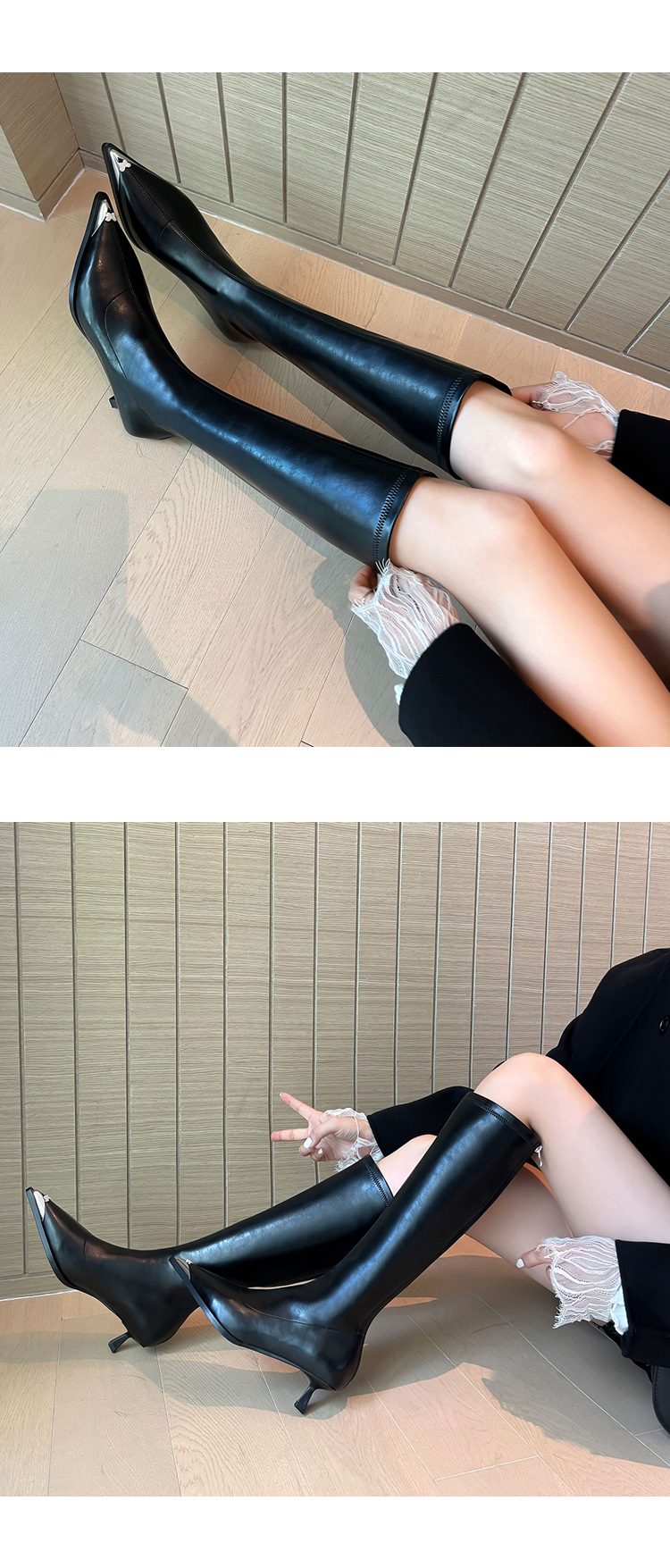 Bốt nữ cổ cao mũi nhọn kim loại co giãn, phong cách kỵ sĩ cao gót thon gọn — Màu kaki lót nhung chi tiết 12