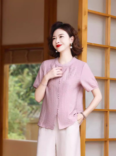 New Chinese Style Mom Summer Round Neck Short-Sleeved Tops 2024 New Style Small Shirts, Loose Middle-Aged and Elderly Women's Shirts