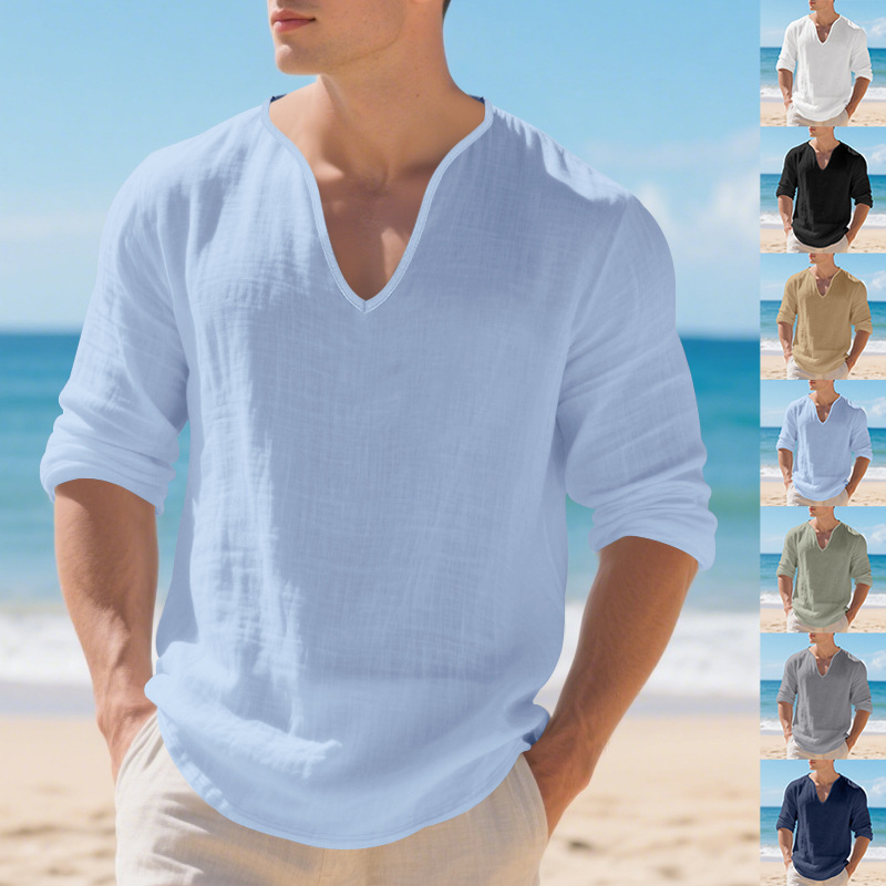 Cross-Border Amazon Autum New American Loose Pure Color Linen Casual Men's V Neck Design Large Size Long-Sleeved T-Shirt