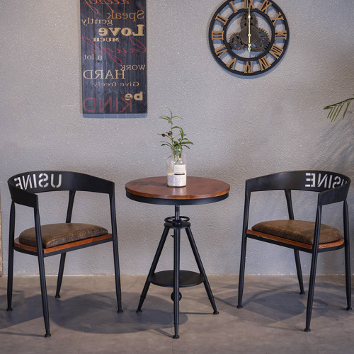 American-style solid wood dining table and chair set, restaurant & milk tea shop tables and chairs, industrial-style pub furniture, iron-framed adjustable-height dining table, small round table
