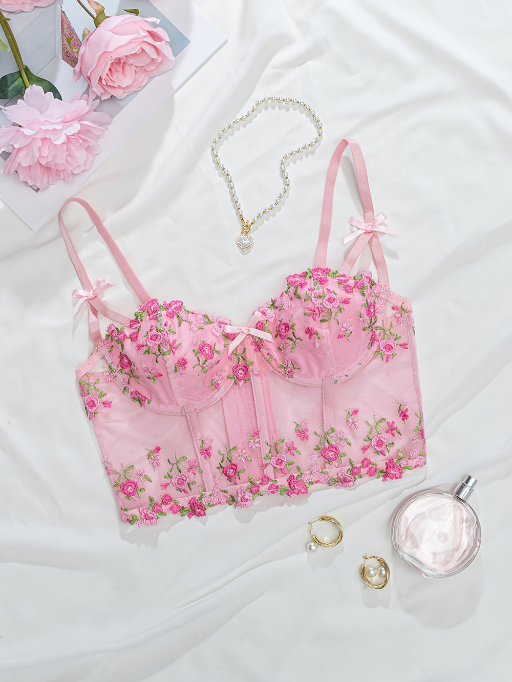 Women's Floral Embroidered Bra With Bow And Adjustable Straps_voghion.com