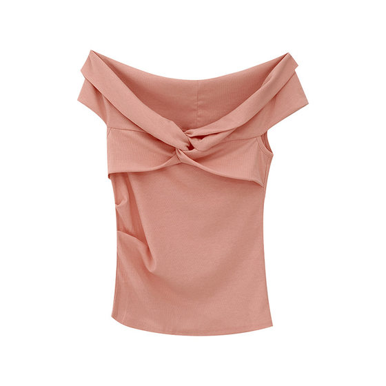 Pleated Stacking Cross Kink off-shoulder Short-sleeved T-shirt Women's Summer New Slim-fit French Elegant Hot Girl Top