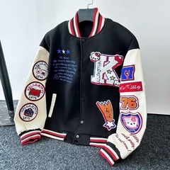 2025潮牌春秋季美式复古KT猫徽章印花拼接棒球服男女宽松立领外套