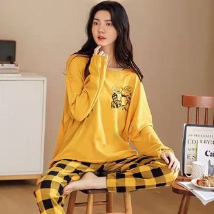 Pajamas Women's Spring and Autumn 2023 Long-sleeved New Soft Cotton Casual Home Clothes Women's Spring Large Size Round Neck Set