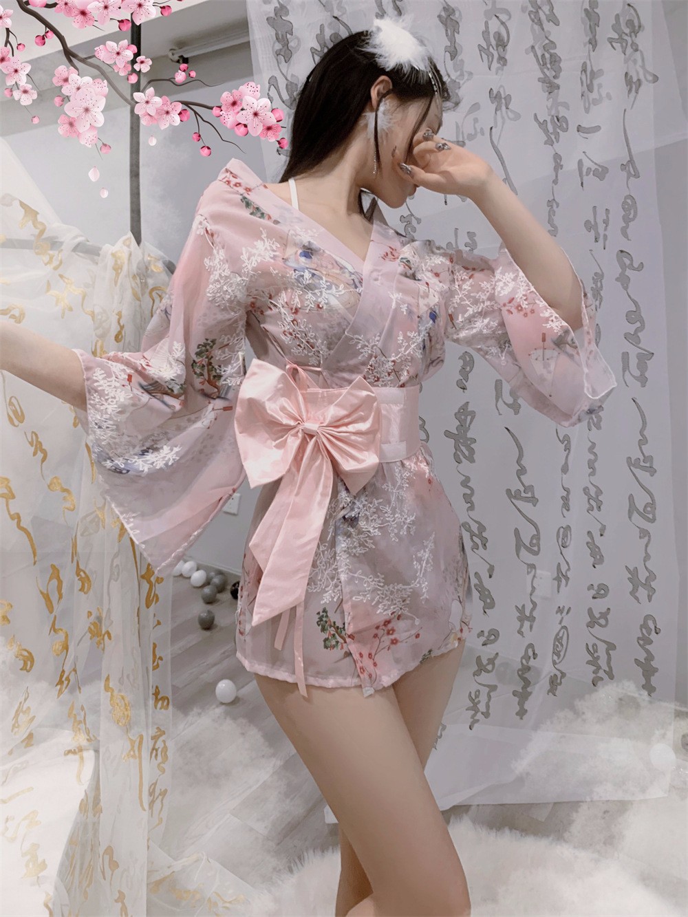 Women’s Chiffon Kimono Robe Set with Bow and White Stockings, One Size — detail image 16