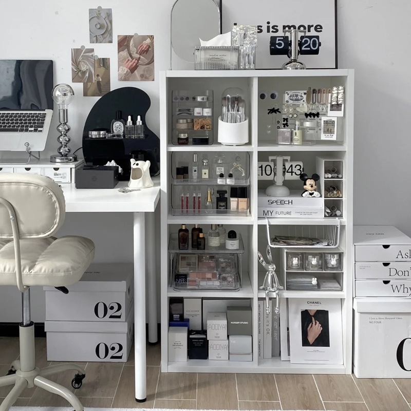 Estante de cosméticos de estilo crema, gabinete de rejilla de piso a techo lateral de mesa, gabinete de ocho compartillas, gabinete de almacenamiento de perfumes para productos para el cuidado de la piel