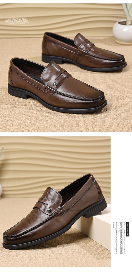 Giày da nam công sở da bò lớp đầu, kiểu lười mũi tròn, đế cao su — Màu nâu, màu đen chi tiết 19