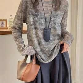 灰色上衣复古圆领银线2025新款时尚T恤薄款慵懒防晒打底洋气长袖